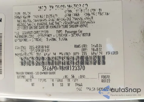 2017 Ford Fusion Se z USA, uszkodzony, nr VIN 3FA6P0T98HR123370